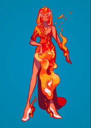 1girl ahoge alt_text blue_background blunt_bangs braid closed_eyes commentary dress english_commentary fiery_clothing fiery_hair fire full_body high_heels highres long_hair meyoco multicolored_dress multicolored_hair orange_dress orange_hair original parted_lips red_dress red_hair shadow shoes side_braid simple_background single_braid sleeveless sleeveless_dress smile solo standing streaked_hair white_shoes