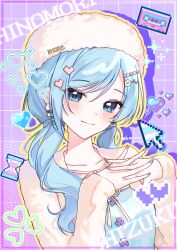 Rule 34 | 1girl, absurdres, blue eyes, blue hair, blue shirt, blush, cassette tape, character name, closed mouth, collarbone, commentary request, cursor, fur hat, grid background, hair ornament, hairclip, hands up, hat, heart, heart hair ornament, highres, hinomori shizuku, hourglass, interlocked fingers, jacket, long hair, mole, mole under mouth, nail polish, open clothes, open jacket, outline, pixelated, project sekai, purple background, purple nails, rin (ryne 0303), shirt, smile, solo, upper body, white hat, white jacket, yellow outline