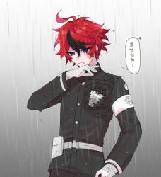 1boy ahoge armband belt black_hair black_shirt blue_eyes gloves gradient_background grey_background hand_up last_defense_academy_school_uniform male_focus messy_hair multicolored_eyes multicolored_hair open_mouth rain red_eyes red_hair shirt simple_background solo solo_focus speech_bubble streaked_hair sumino_takumi teeth the_hundred_line_-last_defense_academy- white_background white_gloves