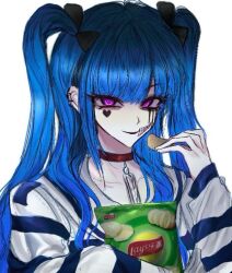 amemiya_darumi black_hair blue_eyes chips_(food) collar collarbone food heart holding holding_food long_hair long_sleeves looking_at_viewer makeup pink_eyes potato_chips runny_makeup safety_pin shirt simple_background striped_clothes striped_shirt the_hundred_line_-last_defense_academy- twintails upper_body white_background