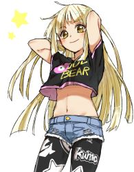 1girl arms_up bang_dream! black_pantyhose black_shirt blonde_hair blush clothes_writing cowboy_shot crop_top denim denim_shorts female_focus hands_in_hair komiya_harumoto long_hair looking_at_viewer midriff navel pantyhose pantyhose_under_shorts print_pantyhose shirt shorts simple_background smile solo star_(symbol) star_print t-shirt torn_clothes torn_shorts tsurumaki_kokoro white_background yellow_eyes