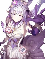1girl black_tiara bleach_(182716350) breasts butterfly_ornament castorice_(honkai:_star_rail) chinese_commentary closed_mouth commentary_request dress flower flower_ornament gloves hair_flower hair_ornament highres honkai:_star_rail honkai_(series) long_hair medium_breasts miyoushe_watermark pointy_ears purple_eyes purple_gloves purple_hair simple_background solo textless_version tiara watermark white_background white_dress