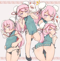 1girl :/ alternate_costume ass bare_arms bare_shoulders bent_over black_panties breasts bun_cover chestnut_mouth chinese_clothes clothes_lift commentary double_bun dress dress_lift fox_mask green_dress hair_bun hata_no_kokoro highres lifting_own_clothes long_hair looking_at_viewer mask mask_on_head multiple_views panties pink_eyes pink_hair pointing pointing_at_self ponytail short_dress side-tie_panties simple_background sleeveless sleeveless_dress small_breasts string_panties thigh_gap touhou turnip_kabura underwear