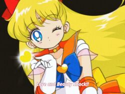 1990s_(style) 1girl ;o aino_minako attack back_bow bishoujo_senshi_sailor_moon bishoujo_senshi_sailor_moon_supers black_background blonde_hair blowing_kiss blue_bow blue_bowtie blue_eyes bow bowtie bright_pupils brooch choker circlet cowboy_shot dot_nose earrings elbow_gloves english_text expressionless eyelashes fake_screenshot faux_retro_artstyle film_grain floating_clothes floating_hair gloves hair_bow heart heart_brooch heart_in_eye honeymoonpetal jewelry leotard light_blush long_hair looking_at_viewer magical_girl miniskirt official_style one_eye_closed orange_brooch orange_choker orange_sailor_collar orange_skirt parted_bangs parted_lips pleated_skirt red_bow retro_artstyle sailor_collar sailor_venus short_sleeves simple_background skirt solo star_(symbol) star_choker stud_earrings super_sailor_venus symbol_in_eye tareme very_long_hair white_gloves white_leotard white_pupils wind yellow_bow
