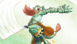 1boy ancient_hero&#039;s_aspect_(zelda) black_sclera blue_eyes colored_sclera earrings fangs fingernails hanimetion highres jewelry link long_hair master_sword necklace nintendo official_alternate_costume open_mouth pointy_ears red_hair sharp_fingernails solo sword tail tattoo the_legend_of_zelda the_legend_of_zelda:_tears_of_the_kingdom weapon zonai