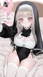 1girl absurdres black_bow black_bowtie black_dress black_panties black_veil blonde_hair blush bow bowtie breasts cellphone cleavage closed_mouth coif cross cross_necklace dress fake_nails from_above highres holding holding_phone jewelry large_breasts latin_cross long_hair looking_at_viewer m1k0to_zz nail_art nail_polish necklace nun ohisashiburi_(style) on_bed original panties pelvic_curtain phone pink_eyes pink_nails selfie side-tie_panties sitting smartphone solo stuffed_animal stuffed_toy thighhighs thighs underwear veil wariza white_thighhighs