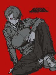 1girl arm_up artist_logo breasts closed_mouth covered_erect_nipples dqn_saga hair_over_one_eye highres hood hoodie juerucj knee_up large_breasts logo long_bangs long_sleeves looking_at_viewer pants partially_colored red_background red_eyes red_theme shoes short_hair simple_background sitting sneakers solo