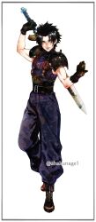 Rule 34 | 1boy, absurdres, armor, baggy pants, belt, black boots, black gloves, black hair, blue eyes, blue pants, blue shirt, boots, closed mouth, crisis core final fantasy vii, final fantasy, final fantasy vii, full body, gloves, highres, holding, holding sword, holding weapon, looking at viewer, male focus, multiple belts, pants, parted bangs, pauldrons, shakunage1, shirt, short hair, shoulder armor, sleeveless, sleeveless turtleneck, smile, solo, suspenders, sword, turtleneck, twintails, weapon, weapon on back, white background, zack fair