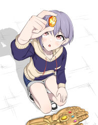 1girl anglediana arm_up bang_dream! bang_dream!_it&#039;s_mygo!!!!! blue_hoodie blue_shorts brown_eyes chinese_commentary commentary_request grey_hair highres hood hood_down hoodie infinity_gauntlet infinity_gems long_sleeves marvel marvel_cinematic_universe open_mouth shadow short_hair shorts solo squatting takamatsu_tomori variant_set