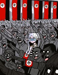 Rule 34 | absurdres, capelet, crowd, elf, empty eyes, frieren, green eyes, hansoom (latebirdwakeup), highres, historical event, long hair, nazi, nazi flag, open mouth, pointy ears, salute, shaded face, solo focus, sousou no frieren, straight-arm salute, swastika, sweat, sweatdrop, twintails, white hair
