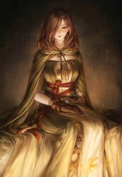 1girl absurdres brown_eyes brown_gloves brown_hair cape cloak closed_mouth dark_souls_(series) dark_souls_ii dress emerald_herald gloves green_cloak green_dress hair_over_one_eye highres hood hooded_cape hooded_cloak long_hair looking_at_viewer mabotnb sitting solo
