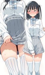 1girl absurdres artist_request basori_tiara black_eyes black_hair blue_bow blue_bowtie blue_necktie blush bow bowtie breast_pocket breasts collared_shirt embarrassed female_focus grey_skirt highres kneehighs long_hair long_sleeves looking_to_the_side make_heroine_ga_oo_sugiru! miniskirt mole mole_on_neck mole_on_thigh necktie pleated_skirt pocket school_uniform shirt shirt_tucked_in shy simple_background skirt skirt_hold small_breasts socks solo solo_focus standing striped_clothes striped_thighhighs sweat sweatdrop thighhighs thighs thighs_focus tsuwabuki_high_school_uniform white_background white_bow white_bowtie white_necktie white_shirt white_thighhighs