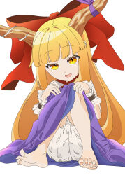1girl barefoot blonde_hair bloomers blunt_bangs bow brown_horns commentary_request full_body hair_bow highres horn_bow horn_ornament horns ibuki_suika kurohiba long_hair looking_at_viewer open_mouth pointy_ears purple_bow purple_skirt red_bow shirt sidelocks simple_background sitting skirt smile soles solo toenails toes touhou underwear very_long_hair white_background white_bloomers white_shirt wrist_cuffs yellow_eyes