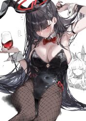 2girls absurdres alcohol alternate_costume animal_ears black_hair black_halo black_leotard blue_archive bow bowtie breasts brown_pantyhose cleavage commentary_request covered_navel cup detached_collar drinking_glass fake_animal_ears fishnet_pantyhose fishnets hair_ornament hairclip halo highres holding holding_cup large_breasts leotard long_hair looking_at_viewer multicolored_halo multiple_girls pantyhose pepq rabbit_ears red_bow red_bowtie red_eyes red_halo rio_(blue_archive) simple_background sitting thighs toki_(blue_archive) toki_(bunny)_(blue_archive) two-tone_halo variant_set white_background wine wine_glass