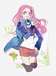 1girl blue_jacket character_name chibi chibi_inset copyright_name digimon digimon_adventure_-beyond- jacket lanlllan parted_lips pink_hair red_shorts shirt shorts simple_background sketch smile solo tachikawa_mimi togemon white_background white_shirt