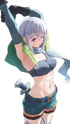 Rule 34 | 1girl, absurdres, aqua scarf, armpits, arms up, bike shorts, bike shorts under shorts, black gloves, blush, breasts, capelet, chris (konosuba), cleavage, crystal earrings, earrings, elbow gloves, facial scar, gloves, green capelet, grey hair, highres, jewelry, kono subarashii sekai ni shukufuku wo!, looking at viewer, medium breasts, medium hair, midriff, muginosa, navel, one eye closed, purple eyes, scar, scar on cheek, scar on face, scarf, shorts, shorts under shorts, simple background, small breasts, solo, stomach, white background