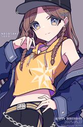 1girl absurdres bang_dream! bang_dream!_it&#039;s_mygo!!!!! baseball_cap black_hat blue_eyes blue_jacket braid breasts brown_hair character_name chinese_commentary commentary_request dated ear_piercing earclip grey_background happy_birthday hat highres hood hoodie jacket long_hair looking_at_viewer medium_breasts midriff nagasaki_soyo navel piercing side_braids simple_background sleeveless sleeveless_hoodie solo yellow_hoodie zhong_xiansheng