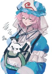 1girl animalization blue_kimono closed_eyes dog green_bag hairband hat japanese_clothes katana kimono konpaku_youmu medium_hair mob_cap pink_hair saigyouji_yuyuko smile sword touhou weapon xian_qishui