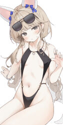 Rule 34 | 1girl, aak, absurdres, animal ears, arm support, black eyes, black one-piece swimsuit, blonde hair, blue bow, blush, bow, bracelet, breasts, clothes pull, collarbone, head tilt, heart, heart necklace, highres, jewelry, long hair, lost ark, navel, necklace, o-ring, o-ring swimsuit, one-piece swimsuit, one-piece swimsuit pull, ring, sideboob, sitting, small breasts, stomach, sunglasses, sweatdrop, swimsuit, thighs, underboob