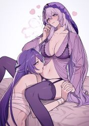 2boys acheron_(honkai:_star_rail) aroused bite_mark bite_mark_on_neck black_swan_(honkai:_star_rail) bra breasts chest_sarashi crotchless crotchless_panties female_pubic_hair foreplay garter_straps heart hickey highres holding_hands honkai:_star_rail honkai_(series) ikarin large_breasts licking licking_stomach long_hair looking_at_another multiple_boys nightgown panties pubic_hair pubic_hair_peek purple_hair purple_veil sarashi thighhighs underwear veil very_long_hair wrist_wrap yuri