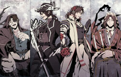 1boy animal_print belt black_butterfly black_coat branch brown_cloak bug butterfly candlestand christmas_nightmare_(e.g.o) cloak coat curtained_hair dual_wielding e.g.o_(project_moon) facial_hair flower frills garden_of_thorns_(e.g.o) glasses gourd gregor_(project_moon) gun hair_flower hair_ornament hair_over_one_eye hat highres holding holding_gourd holding_gun holding_sword holding_weapon insect irezumi kurokumo_clan_(identity)_(project_moon) lantern_(e.g.o) limbus_company loose_clothes loose_shirt male_focus mob_cap mry_46 multiple_views neck_ribbon open_mouth pirate_hat project_moon ribbon rose scarf sheath shirt sitting sleepy smoking solemn_lament_(e.g.o) solo stubble sword tattoo twinhook_pirates_(identity)_(project_moon) unsheathing weapon white_butterfly white_scarf wuthering_heights_(identity)_(project_moon) zwei_association_south_uniform