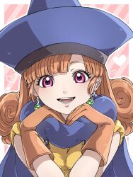 1girl ak_87_kt alena_(dq4) blue_cape blue_hat blunt_bangs border cape commentary_request curly_hair dragon_quest dragon_quest_iv earrings gem gloves green_gemstone hat heart jewelry long_hair looking_at_viewer open_mouth orange_gloves orange_hair pink_background pink_eyes smile solo sphere_earrings tunic upper_body white_border yellow_tunic