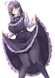 Rule 34 | 1girl, absurdres, ahoge, black pantyhose, black ribbon, blunt bangs, blush, breasts, brown eyes, carskey1120, chofu noriko, closed mouth, clothes lift, commentary, dress, embarrassed, feet out of frame, frilled dress, frills, hashtag-only commentary, highres, ikizulive! love live! bluebird, knees together feet apart, large breasts, lifting own clothes, long dress, long hair, love live!, neck ribbon, pantyhose, pinafore dress, purple dress, purple hair, ribbon, simple background, skirt, skirt lift, sleeveless, sleeveless dress, solo, thick thighs, thighs, two side up, white background