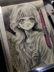 1girl absurdres angel angel_wings dress expressionless graphite_(medium) highres hwitmsikt long_hair monochrome original parted_lips photo_(medium) solo traditional_media upper_body wings