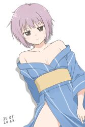 1girl andreypavlow blue_kimono breasts breasts_apart brown_eyes collarbone commentary english_commentary glasses highres japanese_clothes kimono long_sleeves nagato_yuki purple_hair short_hair simple_background solo suzumiya_haruhi_no_yuuutsu thighs variant_set white_background