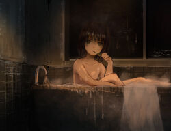 1girl absurdres bathing bathtub black_hair choppy_bangs collarbone commentary convenient_arm english_commentary euroroyan faucet grey_eyes highres holding indoors looking_at_viewer medium_hair night nude original solo straight_hair tile_wall tiles water window