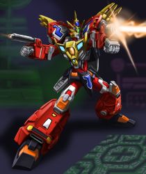Rule 34 | armor, beam, clenched hands, denkou choujin gridman, glowing, glowing eyes, gridman (character), horns, king gridman, male focus, mecha, minori 0214, no humans, no pupils, orange eyes, robot, shoulder armor, tokusatsu