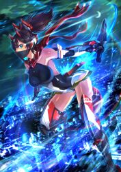 1girl armor armored_boots asura_ninja bare_shoulders blue_eyes boots breasts brown_hair city cityscape cloud dual_wielding elbow_gloves gloves glowing highres holding holding_sword holding_weapon large_breasts leotard looking_at_viewer mask mecha_musume megami_device moon mouth_mask night night_sky ninja ninja_mask outdoors ponytail red_scarf scarf shingo_(picturepuzzle) short_sword sky solo sword thighhighs variant_set weapon