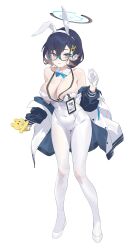 1girl absurdres alternate_costume animal_ears aqua-framed_eyewear black_hair blue_archive blue_halo blue_necktie blush breasts chihiro_(blue_archive) cleavage collarbone covered_navel detached_collar embarrassed fake_animal_ears glasses gloves grey_eyes hair_ornament hairband halo hashtag-only_commentary high_heels highleg highleg_leotard highres holding id_card jacket large_breasts leotard long_sleeves millennium_science_school_logo necktie pantyhose parted_lips playboy_bunny rabbit_ears rabbit_hair_ornament ramuri short_hair simple_background solo strapless sweatdrop teeth white_background white_footwear white_gloves white_leotard white_pantyhose