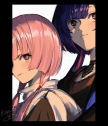 2girls behind_another black_border black_shirt blue_eyes blue_hair blush border closed_mouth from_side hair_over_shoulder height_difference highres hood hoodie isshiki_(ffmania7) jacket kaf_(kamitsubaki_studio) kamitsubaki_studio long_hair looking_to_the_side low_twintails multicolored_eyes multicolored_hair multiple_girls open_clothes open_hoodie pendant_choker pink_hair red_eyes red_hair rim_(kamitsubaki_studio) shirt signature simple_background sleeveless sleeveless_hoodie smile streaked_hair twintails upper_body virtual_youtuber white_background white_jacket yellow_pupils