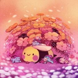artist_name bee blurry blush bug colorful commentary creature depth_of_field ellievsbear english_commentary flower highres holding insect no_humans orange_flower original outdoors pink_flower plant rock signature smile solid_circle_eyes walking wings