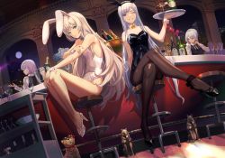 4girls ak-12_(girls&#039;_frontline) ak-15_(girls&#039;_frontline) alternate_costume an-94_(girls&#039;_frontline) animal_ears aqua_bow aqua_bowtie aqua_eyes arm_behind_back bar_(place) bar_stool bare_legs bare_shoulders bartender black_footwear black_hairband black_leotard black_necktie black_pantyhose black_vest blonde_hair bottle bow bowtie breasts cat cleavage closed_mouth cocktail_glass collarbone collared_shirt commentary commission counter crossed_legs cup defy_(girls&#039;_frontline) detached_collar drinking_glass english_commentary fake_animal_ears full_body full_moon girls&#039;_frontline glass grey_hair hairband hand_on_arm hand_on_own_knee high_heels highleg highleg_leotard highres holding holding_tray ice_bucket jewelry legs leotard light_purple_hair long_hair long_sleeves looking_at_viewer looking_away medium_breasts medium_hair moon multiple_girls necktie niac night night_sky one_eye_closed open_mouth pantyhose parted_lips playboy_bunny purple_eyes rabbit_ears ring rpk-16_(girls&#039;_frontline) shirt short_hair sitting sky small_breasts smile standing stool strapless strapless_leotard teeth thighs traditional_bowtie tray very_long_hair vest white_footwear white_hair white_hairband white_leotard white_shirt white_wrist_cuffs wine_glass wrist_cuffs yellow_bow yellow_bowtie