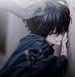 Rule 34 | 1boy, absurdres, against wall, bags under eyes, black hair, blood, blood on face, blue jacket, blurry, blurry background, clenched teeth, closed eyes, grey background, hair between eyes, hand on another&#039;s head, highres, imai-kun (imai akira), imai akira, injury, jacket, long sleeves, male focus, original, reverse ryona, simple background, solo focus, teeth, track jacket, upper body