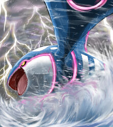 absurdres animal_focus black_sclera cloud colored_sclera commentary_request creatures_(company) ekaki_panda game_freak gen_3_pokemon glowing highres kyogre legendary_pokemon lightning nintendo no_humans open_mouth pokemon pokemon_(creature) pokemon_focus sharp_teeth solo storm teeth water waves wind yellow_eyes
