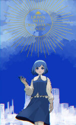 1girl blue_eyes blue_hair blue_skirt blue_sky blue_theme building cloud collared_shirt commentary_request copyright_name cowboy_shot frilled_shirt frills fukurai_azami hand_up highres holding holding_phone long_sleeves looking_at_viewer motoiwork open_mouth phone shirt short_hair skirt sky solo standing swept_bangs toshi_densetsu_kaitai_center white_shirt