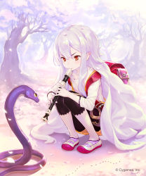 1girl ant backpack bag bike_shorts black_shorts bug cherry_blossoms company_name day eyelashes female_focus fingernails flute full_body granblue_fantasy hair_between_eyes highres hisakata_souji holding holding_flute holding_instrument insect instrument long_hair long_sleeves medusa_(shingeki_no_bahamut) music official_art orange_eyes orange_shorts outdoors pastel_colors petals playing_instrument pointy_ears purple_legwear randoseru recorder shingeki_no_bahamut shirt shoes short_shorts shorts shorts_under_shorts sidelocks snake snake_charmer solo squatting three-quarter_sleeves tree uwabaki very_long_hair white_hair white_shirt white_shoes