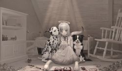 1girl absurdres albino attic barefoot bed black_ribbon blood blunt_bangs book border_collie bottle chain chair child child&#039;s_drawing commentary cupboard dalmatian day dog dress expressionless frilled_shirt_collar frills full_body grey_eyes halo highres indoors light_rays long_dress long_hair long_sleeves looking_at_viewer mirror multicolored_hair muted_color namuta neck_ribbon on_floor original pale_skin pointy_ears ribbon rocking_chair roomscape sitting solo streaked_hair sunlight white_dress white_hair white_theme