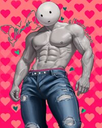 Rule 34 | 1boy, :|, abs, closed mouth, colored skin, cowboy shot, date everything, denim, doug (date everything), grey skin, highres, jeans, looking at viewer, male focus, male underwear, monarch chimera, muscular, muscular male, nipples, no shirt, object head, pants, pink male underwear, solo, toned, toned male, torn clothes, torn jeans, torn pants, twisted torso, underwear, veins