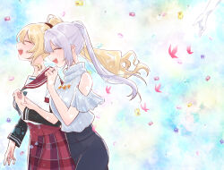 3girls ^_^ bare_shoulders bead_necklace beads black_pants black_sleeves blonde_hair blue_background blue_bow blue_bowtie blue_sweater bow bowtie brown_scrunchie bug butterfly buttons casual closed_eyes clothing_cutout commentary_request couple cowboy_shot fingernails floating_hair gem gloves grey_hair hair_between_eyes hair_bun hair_ornament hair_scrunchie happy high-waist_pants high-waist_skirt high_ponytail highres holding_hands infinite_iroha insect jewelry kamihama_university_affiliated_school_uniform laughing layered_sleeves light_blush light_particles long_hair long_sleeves magia_record:_mahou_shoujo_madoka_magica_gaiden mahou_shoujo_madoka_magica multiple_girls necklace offering_hand_to_another open_mouth outstretched_hand pants pink_butterfly plaid_clothes plaid_skirt pleated_skirt pleated_sleeves pocket pointy_nose ponytail red_sailor_collar red_skirt ring sailor_collar school_uniform scrunchie shirt short_over_long_sleeves short_sleeves shoulder_cutout single_hair_bun skirt smile star_(symbol) star_necklace sweater tamaki_iroha teeth togame_momoko turtleneck turtleneck_sweater ultimate_magnum upper_teeth_only wavy_hair white_gloves white_shirt wind yakumo_mitama yuri