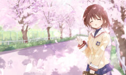 Rule 34 | 1girl, :d, ^ ^, absurdres, antenna hair, bag, blue skirt, blurry, blurry background, blush, bob cut, brown bag, brown hair, cherry blossoms, clannad, closed eyes, commentary request, dappled sunlight, day, facing viewer, falling petals, fence, furukawa nagisa, hair between eyes, hair ornament, hairclip, hand up, happy, highres, hikarizaka private high school uniform, holding, holding bag, jacket, long sleeves, medium hair, miniskirt, open mouth, outdoors, park, petals, pleated skirt, sailor collar, sakura aki, school uniform, sidelighting, skirt, smile, solo, sunlight, waving, white sailor collar, yellow jacket