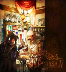 2boys brown_hair copyright_name facial_hair fantasy frown gloves hand_on_own_hip hat indoors kamal_(pixiv_fantasia) lantern long_hair male_focus multiple_boys mustache nishihara_isao pixiv_fantasia pixiv_fantasia_4 ponytail purple_hair smile