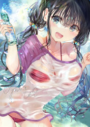 Rule 34 | 1girl, bikini, black hair, blue eyes, blush, bottle, breasts, collarbone, green eyes, hair ornament, highres, holding, holding bottle, large breasts, long hair, looking at viewer, ogata tei, open mouth, original, outdoors, ramune, red bikini, see-through clothes, see-through shirt, shirt, short sleeves, smile, solo, swimsuit, wet, wet clothes