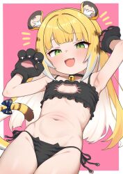 1girl :d animal_ear_fluff animal_ears animal_hands armpits arms_up bare_shoulders bell black_bra black_collar blonde_hair blush border bow bra breasts cat_cutout cat_ear_panties cat_lingerie cleavage_cutout clothing_cutout collar collarbone cowboy_shot fang flat_chest frilled_bra frills gloves green_eyes groin half-closed_eyes hands_up ju_fufu kemonomimi_mode loli long_hair looking_at_viewer mafunyo meme_attire navel open_mouth outside_border panties paw_gloves pink_background side-tie_panties smile solo stomach tail tail_bow tail_ornament thighs tiger_ears tiger_tail underwear white_border zenless_zone_zero
