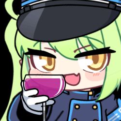 Rule 34 | 1girl, :d, acomu414, animated, animated gif, blue archive, buttons, chibi, commentary, cup, cupping glass, double-breasted, drinking glass, english commentary, fang, foreshortening, gloves, green hair, green halo, half-closed eyes, halo, hand up, hat, holding, holding cup, long sleeves, looking at viewer, lowres, nozomi (blue archive), open mouth, outstretched hand, peaked cap, skin fang, smile, train conductor, transparent background, upper body, white gloves, wine glass, yellow eyes