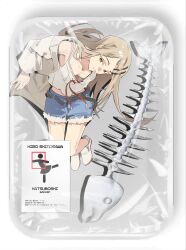 1girl absurdres belt black_belt blonde_hair breasts character_name collarbone commentary denim denim_shorts downblouse extended_downblouse fish_skeleton food_packaging from_above full_body gakuen_idolmaster grey_jacket hair_ornament hairclip highres idolmaster jacket long_hair looking_at_viewer lying midriff_peek mini_person minigirl orange_eyes qure_(qxfixh) shinosawa_hiro shirt shoes shorts shrink_wrap simple_background sleeveless sleeveless_shirt small_breasts smile solo styrofoam white_background white_shirt white_shoes