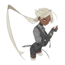 1boy ahoge amrkdrw androgynous bags_under_eyes black_nails black_necktie black_shorts black_vest collared_shirt cropped_legs dark_skin earrings fingerless_gloves gloves grey_shirt highres jewelry necktie original red_eyes serious shirt short_hair_with_long_locks short_shorts shorts simple_background single_hair_intake stud_earrings thigh_strap thighhighs trap vest white_background white_hair white_thighhighs